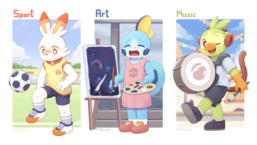 anthro ball bottomwear clothing drumming female fultemounte grookey group hi_res male mammal nintendo painting pok&eacute;mon pok&eacute;mon_(species) primate scorbunny shorts sobble soccer sport sportswear video_games