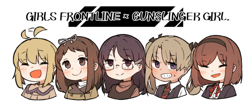 5girls :d ahoge ahoge_wag amonitto angelica_(gunslinger_girl) blonde_hair blush brown_eyes brown_hair claes closed_eyes commentary_request cropped_torso expressive_hair girls_frontline glasses grin gunslinger_girl hair_ribbon hairband henrietta_(gunslinger_girl) multiple_girls open_mouth ribbon rico_(gunslinger_girl) smile triela white_background