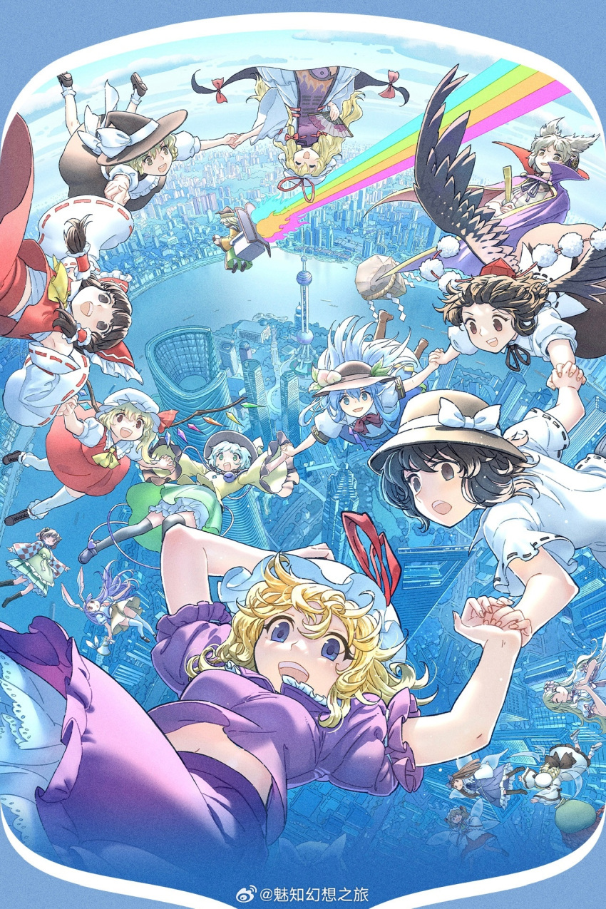 6+girls artist_request black_thighhighs blonde_hair blue_eyes blue_hair breasts brown_hair brown_hat building china chinese_commentary commentary_request detached_sleeves feathered_wings flandre_scarlet flying from_above gap_(touhou) green_skirt hair_ears hakurei_reimu hat highres hinanawi_tenshi holding_hands kaname-ishi kirisame_marisa kochiya_sanae komeiji_koishi looking_up luna_child maribel_hearn matara_okina midriff motoori_kosuzu multiple_girls nontraditional_miko purple_eyes purple_skirt red_skirt reisen_udongein_inaba river shameimaru_aya shanghai shirt shorts shorts_under_skirt skirt star_sapphire sunny_milk thighhighs tokin_hat touhou toyosatomimi_no_miko upside-down usami_renko watermark weibo_watermark white_hat white_shirt white_thighhighs wind wind_lift wings witch_hat yakumo_yukari