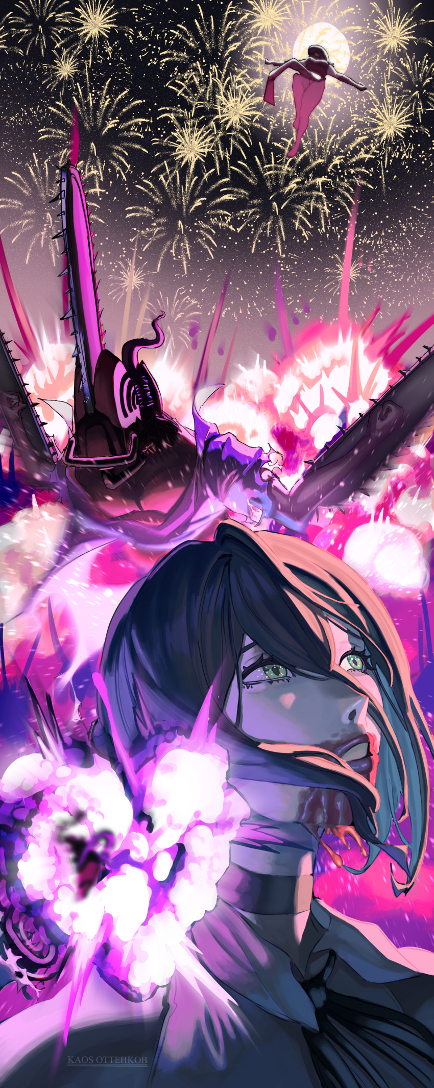 1boy 1girl absurdres aerial_fireworks apron black_apron bomb_devil_(chainsaw_man) chainsaw chainsaw_man choker commentary denji_(chainsaw_man) english_commentary explosive fireworks green_eyes highres kaosottehkob object_head reze_(chainsaw_man) sharp_teeth teeth tongue tongue_out