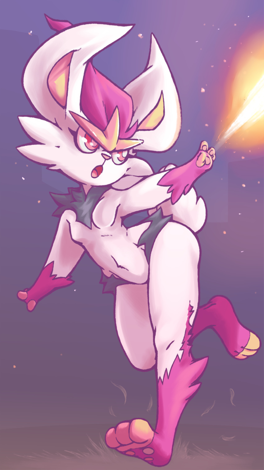 2020 9:16 anthro breasts cinderace featureless_breasts female fire fur hi_res lagomorph mammal multicolored_body multicolored_fur navel nintendo open_mouth plagueofgripes pok&eacute;mon pok&eacute;mon_(species) red_eyes small_hands solo thick_thighs video_games