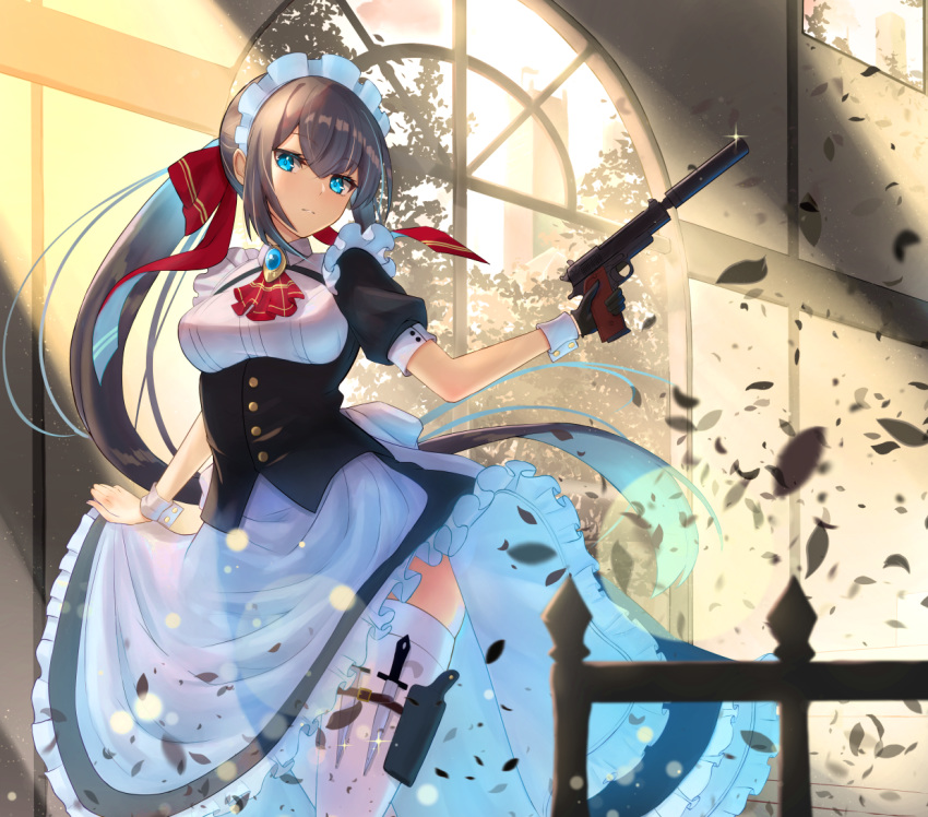 1girl black_gloves blue_eyes breasts brown_hair commentary_request commission debris dress dress_lift expressionless gloves gun handgun holster inari_(ambercrown) knife long_hair looking_at_viewer maid maid_dress maid_headdress medium_breasts original partial_commentary pistol railing solo sparkle suppressor thigh_strap thighhighs very_long_hair weapon white_legwear window wrist_cuffs