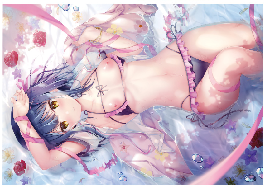 1girl absurdres areolae arm_up armpits bangs bikini black_bikini black_hair blush bracelet breasts bubble closed_mouth collarbone flower frilled_bikini frills hair_ornament halterneck hand_up highres huge_filesize jewelry long_hair looking_at_viewer lying medium_breasts multi-strapped_bikini nanami_yuuno navel nipples on_back open_clothes open_shirt original parted_lips partially_submerged rose scan shiny shiny_hair shiny_skin shirt short_sleeves side-tie_bikini solo sousouman stomach swimsuit thighs water wet wet_clothes white_shirt x_hair_ornament yellow_eyes