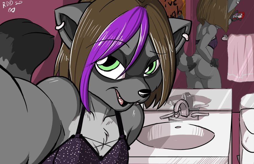 absurd_res anthro bathroom bra breasts butt cellphone clothed clothing digital_media_(artwork) female fur hair hi_res looking_at_viewer mammal mirror phone procyonid raccoon reflection reo_grand sam_(pink) selfie smile solo underwear