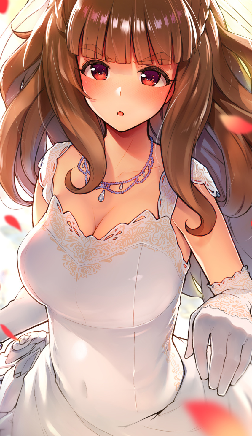 1girl bangs blunt_bangs blush braid breasts brown_hair cleavage covered_navel dress elbow_gloves eyebrows gloves highres idolmaster idolmaster_cinderella_girls jewelry kamiya_nao large_breasts long_hair looking_at_viewer morimiya_masayuki necklace open_mouth petals red_eyes simple_background sleeveless solo thick_eyebrows upper_body wedding_dress white_background white_dress white_gloves