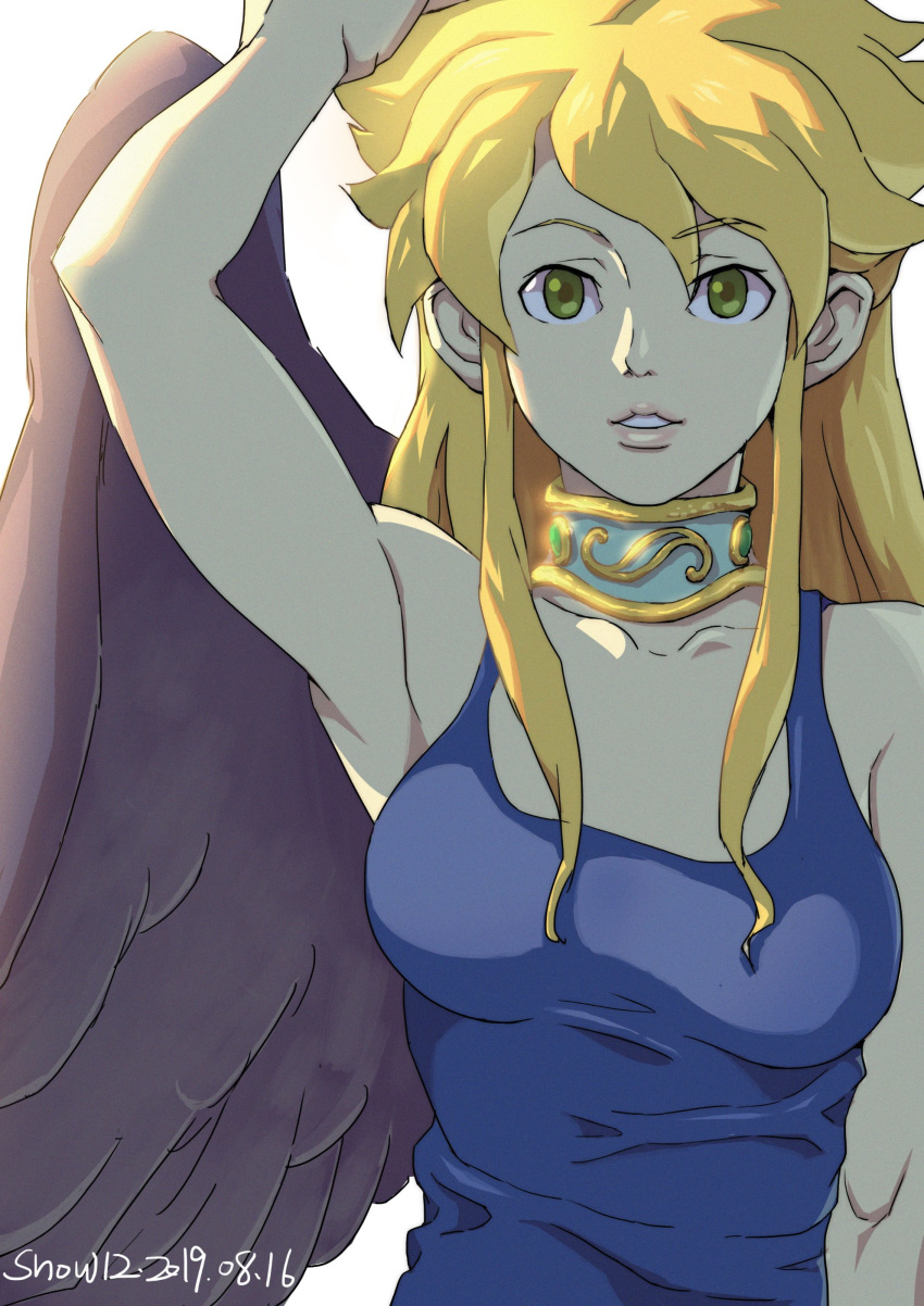 1girl absurdres arm_up artist_name black_wings blonde_hair blue_tank_top breasts breath_of_fire breath_of_fire_ii collar dated feathered_wings green_eyes highres long_hair looking_at_viewer metal_collar nina_(breath_of_fire_ii) signature simple_background solo tank_top white_background wings