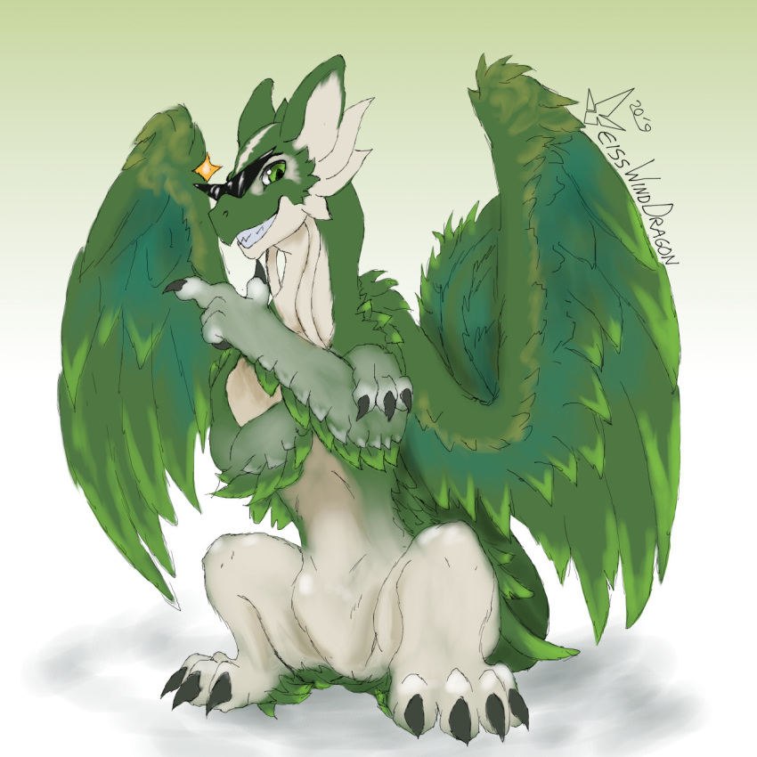 1:1 2020 4_fingers 4_toes digital_media_(artwork) dragon feathered_dragon feathered_wings feathers fingers green_eyes hi_res looking_at_viewer male semi-anthro smile solo toes weisswinddragon wingless_dragon wings
