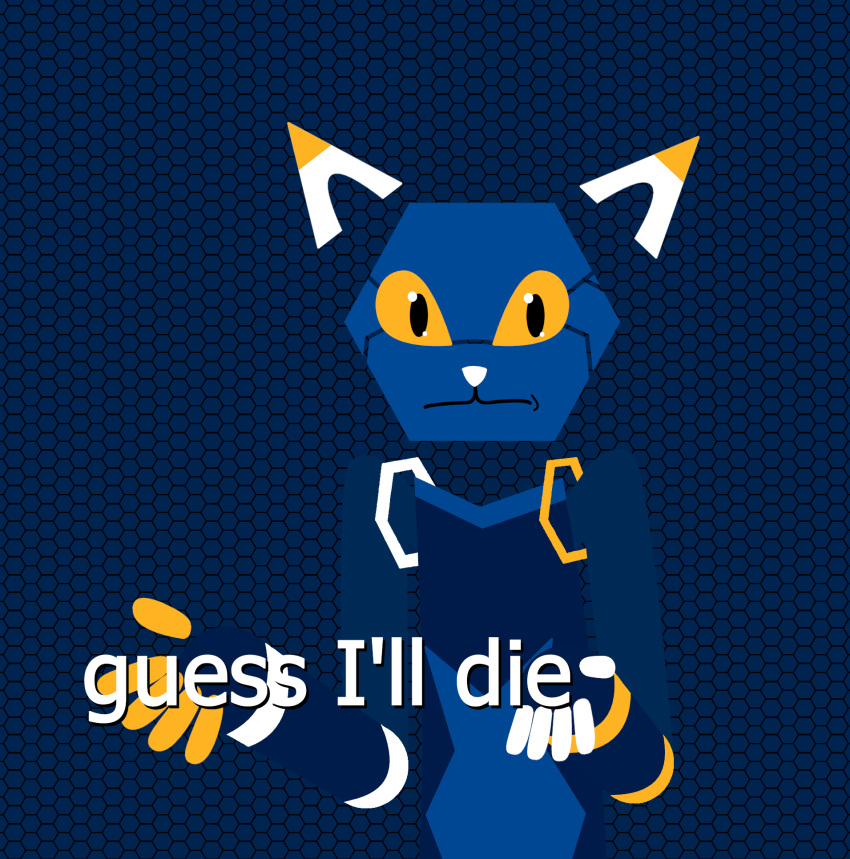 ambiguous_gender anthro blue_background e621 english_text esix felid guess_i'll_die hexagon hi_res looking_at_viewer mammal mascot meme orange_eyes redcrystal shrug simple_background solo text white_nose