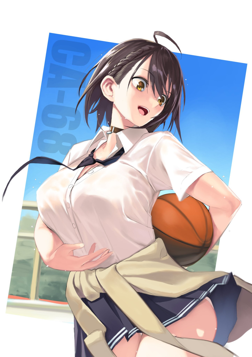 1girl ahoge arm_behind_back arm_under_breasts azur_lane ball baltimore_(after-school_ace)_(azur_lane) baltimore_(azur_lane) bangs basketball beige_cardigan beige_sweater black_choker black_neckwear black_skirt blue_sky border braid breasts brown_hair cardigan cardigan_around_waist choker cleavage clothes_around_waist collared_shirt commentary_request dress_shirt eyebrows_visible_through_hair gen_(black_factory) hair_between_eyes highres holding holding_ball large_breasts loose_necktie miniskirt necktie open_mouth pleated_skirt school_uniform shirt short_hair short_sleeves side_braid skirt sky sweat sweater sweater_around_waist thighs tied_sweater unbuttoned white_border white_shirt yellow_eyes