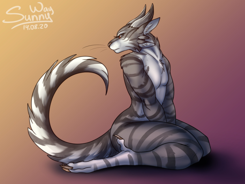 anthro artwork_(digital) charr cute_face digital_drawing_(artwork) digital_media_(artwork) felid feline female guild_wars guildwars2 horn mammal nude patreon_reward paws pinup pose solo sunny_way video_games