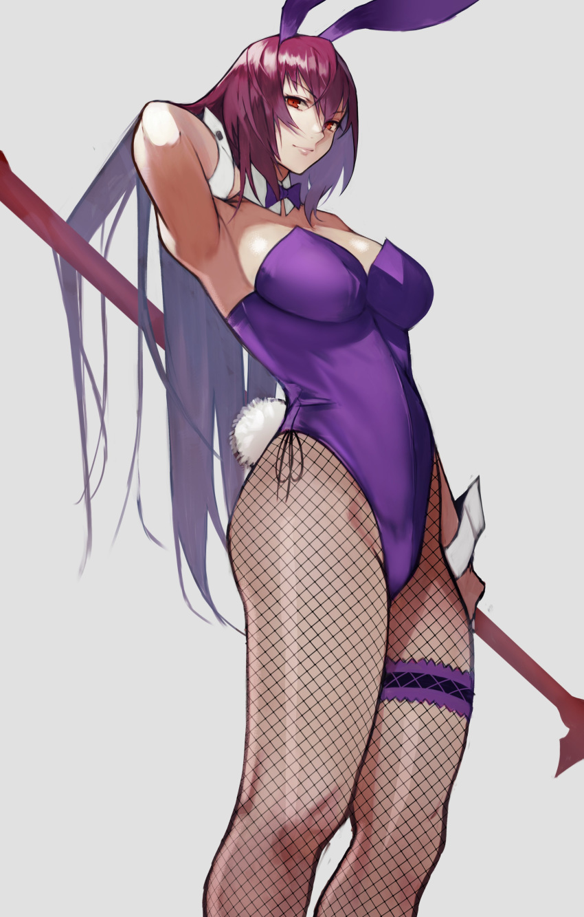 1girl absurdres animal_ears arm_behind_head arm_up armpits bangs bare_shoulders bow bowtie breasts bunny_ears bunny_tail bunnysuit cleavage detached_collar fate/grand_order fate_(series) fishnet_legwear fishnets gae_bolg highleg highleg_leotard highres large_breasts leg_garter leotard long_hair looking_at_viewer pantyhose polearm purple_hair purple_leotard red_eyes scathach_(fate)_(all) scathach_(fate/grand_order) simple_background spear tail thighs weapon wrist_cuffs yoshio_(55level)