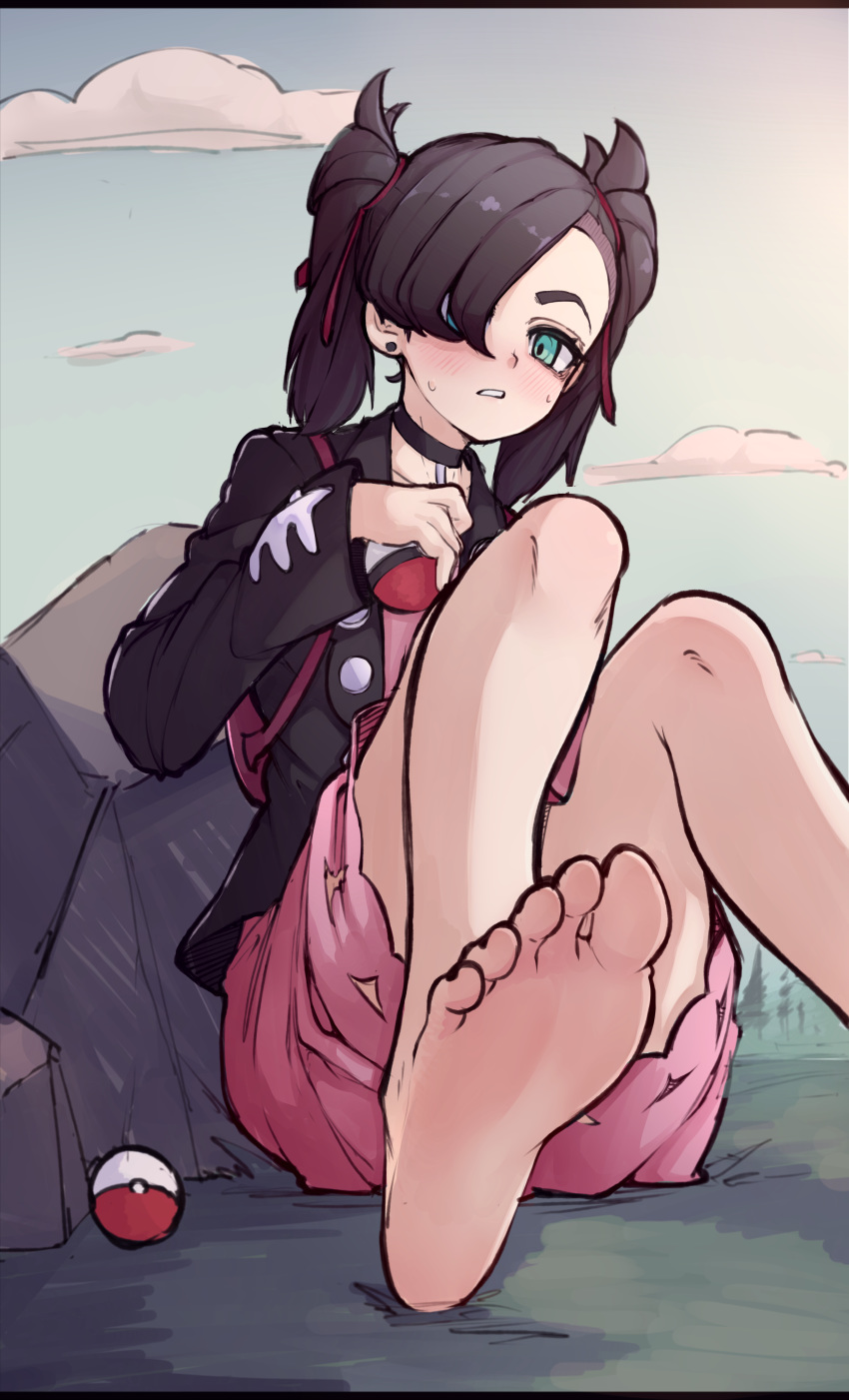 1girl absurdres asymmetrical_bangs bangs bare_legs barefoot black_choker black_hair black_jacket choker dress feet green_eyes highres jacket k-rha's marnie_(pokemon) medium_hair outdoors pink_dress poke_ball poke_ball_(basic) pokemon pokemon_(game) pokemon_swsh rock sitting sky soles solo twintails