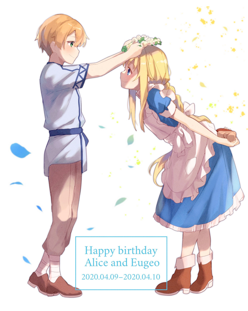 1boy 1girl absurdres alice_zuberg ankle_boots apron blonde_hair blue_dress blue_eyes blue_shirt boots braid brown_footwear brown_pants character_name closed_mouth dated dress english_text eugeo frilled_apron frills from_side hair_ribbon happy_birthday head_wreath highres holding leaning_forward long_hair looking_at_another medium_dress noro_(ro_no) object_behind_back pants petals ribbon shirt shoes short_hair short_sleeves single_braid smile standing sword_art_online sword_art_online:_alicization white_apron white_background white_ribbon