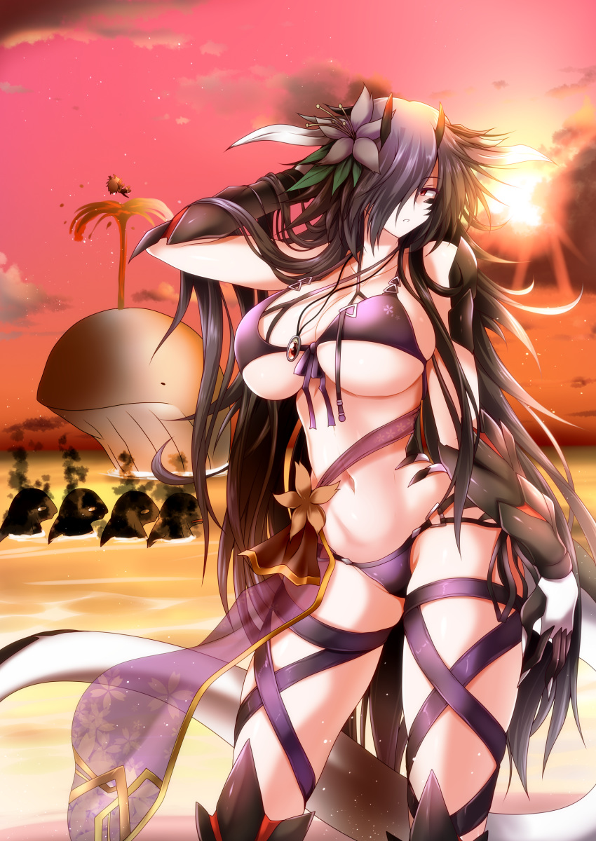 1girl absurdres bangs bare_shoulders beach bikini black_bikini black_flower black_hair breasts burnt cleavage cloud cloudy_sky collarbone commentary_request cowboy_shot dragon_boy dragon_girl dragon_horns dragon_tail eyebrows_visible_through_hair floral_print flower front-tie_bikini front-tie_top g_(desukingu) groin hair_between_eyes hair_flower hair_ornament hair_over_one_eye hand_in_hair hand_up highres horns jewelry large_breasts layered_bikini long_hair looking_at_viewer midriff mira_(g_desukingu) monster_girl navel necklace ocean orange_sky orca original parted_lips pendant red_eyes rio_(g) sarong shark sidelocks skindentation sky smoke solo_focus standing sunlight sunset swimsuit tail thigh_strap underboob very_long_hair whale