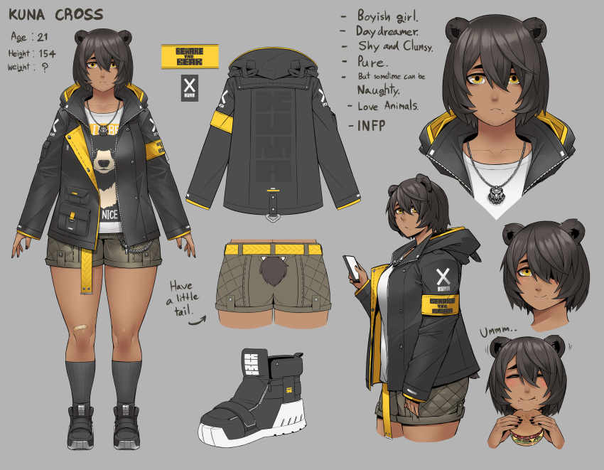 1girl :&lt; absurdres animal_ears armband bear_ears bear_tail belt black_hair cellphone character_sheet commentary dark_skin eating english_commentary english_text exaxuxer food full_body grey_background hair_between_eyes hair_over_one_eye hamburger highres hood hood_down hooded_jacket jacket jewelry kuma_cross_(exaxuxer) mole mole_under_mouth open_clothes open_jacket original pendant phone plump print_shirt shirt shoes short_hair shorts smartphone smile sneakers socks solo tail tomboy typo yellow_belt yellow_eyes