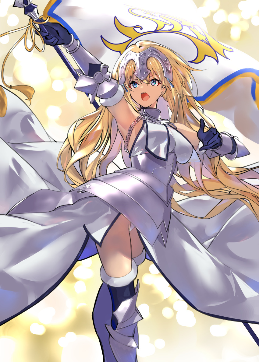 1girl absurdres arm_up armor bangs blonde_hair blue_eyes breasts chain collar dress elbow_gloves fate/apocrypha fate_(series) faulds flag gauntlets gloves headpiece highres huge_filesize jeanne_d'arc_(fate) jeanne_d'arc_(fate)_(all) jikatarou large_breasts long_hair metal_collar open_mouth plackart thighhighs thighs very_long_hair white_dress