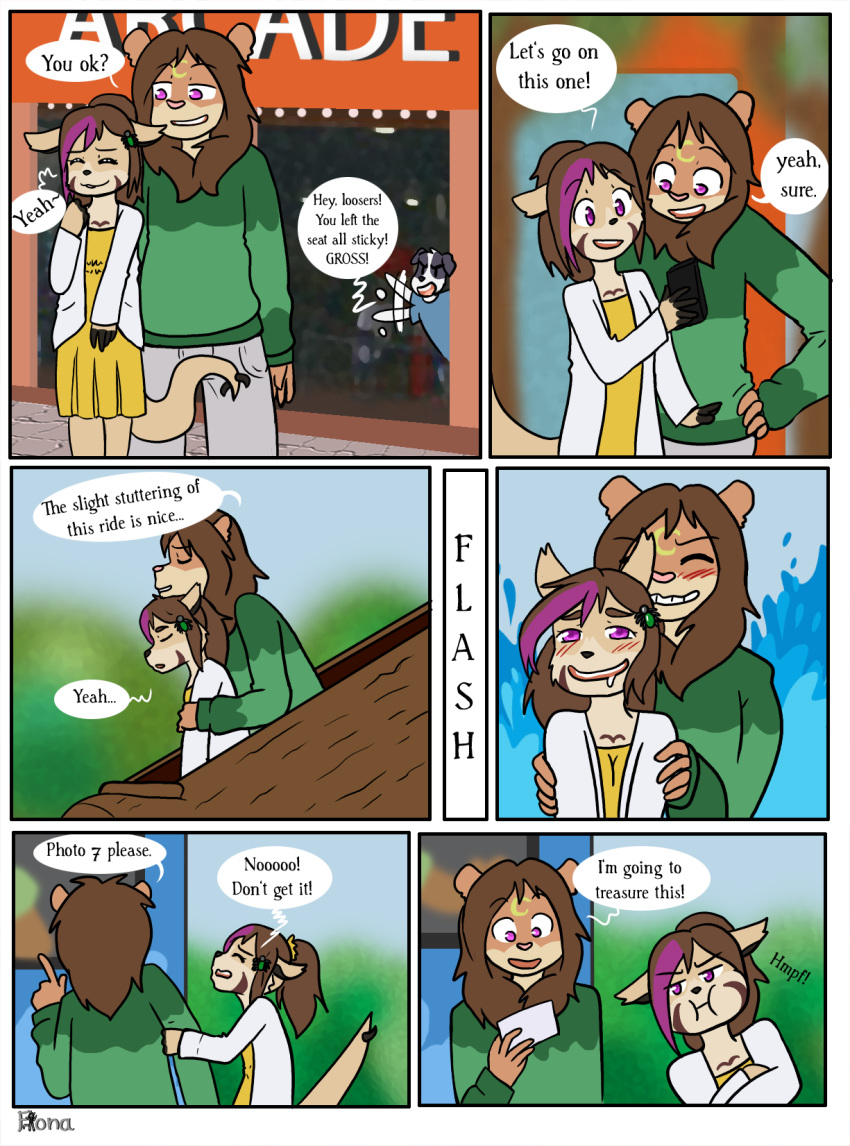 age_difference angry anthro blush brown_body brown_fur brown_hair clothed clothing comic dialogue duo_focus english_text felid female fiona_(artist) fur group hair hi_res larger_male lion male male/female mammal older_male orgasm_face pantherine purple_eyes sex size_difference smaller_female text younger_female