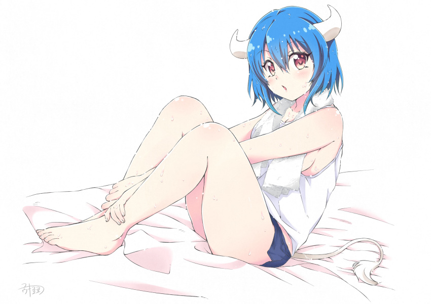 1girl absurdres bare_shoulders barefoot blue_hair blue_shorts blush breasts collarbone cow_girl cow_horns cow_tail eyebrows_visible_through_hair highres horns jashin-chan_dropkick large_breasts looking_at_viewer minos_(jashin-chan_dropkick) open_mouth red_eyes shiny shiny_hair shiny_skin shirt short_hair shorts sideboob simple_background solo sweat tail towel white_background white_shirt yyuki317