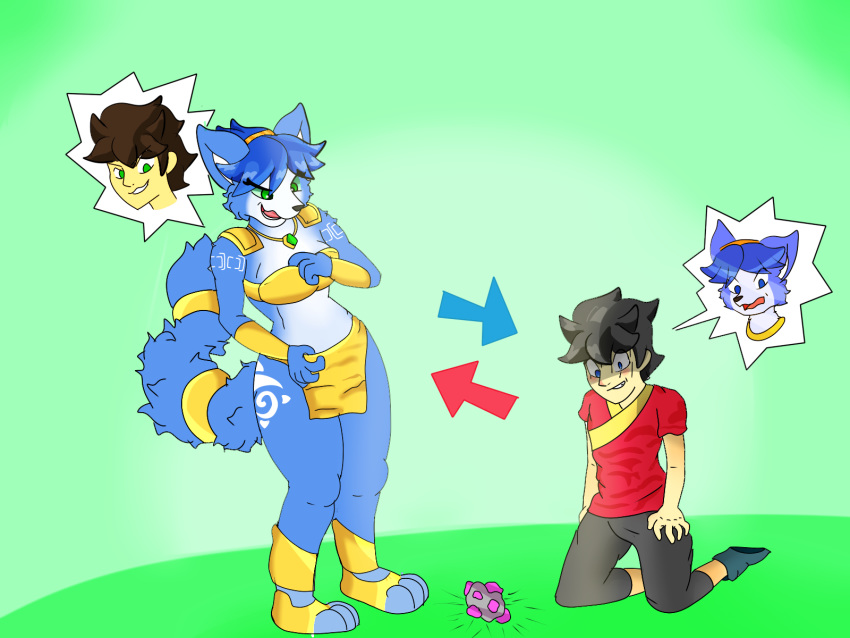 4:3 anthro blue_body blue_fur blue_hair body_swap brown_hair canid canine clothing female fluffy fox fur green_eyes hair hi_res human jewelry korick17 krystal male mammal markings necklace nintendo open_mouth ring rock star_fox tail_jewelry tail_ring transformation video_games white_body white_fur white_markings