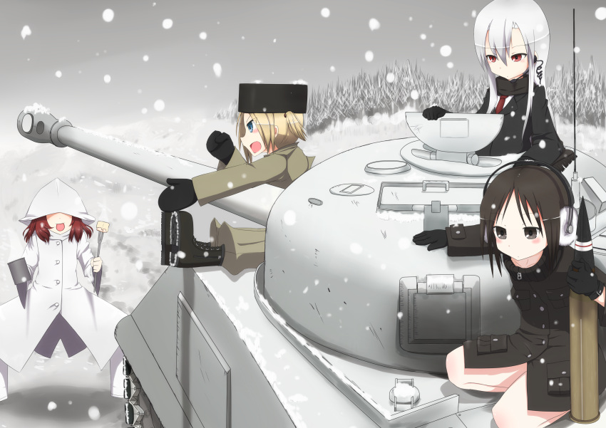 4girls :p absurdres black_eyes black_hair blonde_hair blue_eyes boots breasts caterpillar_tracks coat cup day earmuffs earphones food fork gloves ground_vehicle hat highres long_hair m4_sherman military military_vehicle motor_vehicle multiple_girls necktie open_mouth original red_eyes red_hair scarf sherman_firefly short_hair small_breasts snow snowing steam tank tank_shell tongue tongue_out tree white_hair zafuri_(yzrnegy)