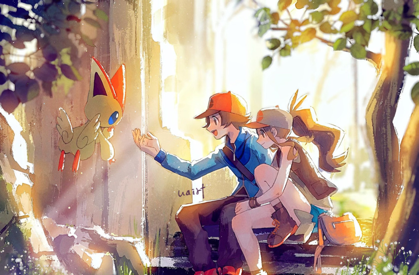 1boy 1girl bag baseball_cap black_legwear black_pants black_vest blue_jacket blurry blurry_background brown_hair denim denim_shorts gen_5_pokemon grass hand_up hanenbo hat highres hilbert_(pokemon) hilda_(pokemon) jacket mythical_pokemon open_mouth pants pokemon pokemon_(creature) pokemon_(game) pokemon_bw ponytail shirt shoes shorts sidelocks sitting sleeveless sleeveless_shirt smile socks teeth tongue tree vest victini