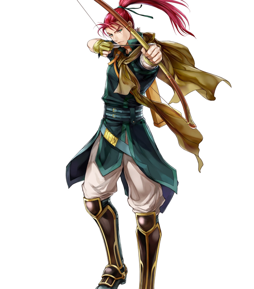 1boy arrow_(projectile) belt boots bow_(weapon) bracelet cape fingerless_gloves fire_emblem fire_emblem:_path_of_radiance fire_emblem_heroes full_body gloves green_eyes highres jewelry long_hair official_art quiver red_hair shinon_(fire_emblem) solo transparent_background wada_sachiko weapon