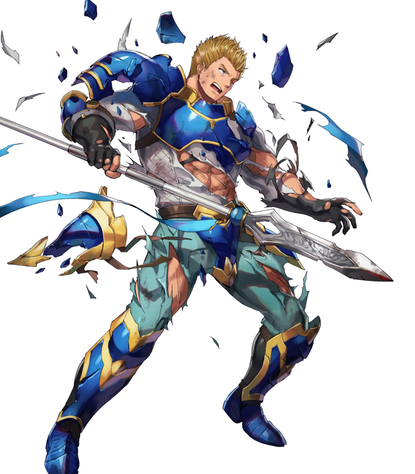 1boy abs belt blonde_hair blue_eyes boots dai-xt fire_emblem fire_emblem:_path_of_radiance fire_emblem_heroes full_body gatrie_(fire_emblem) gloves highres injury official_art one_eye_closed open_mouth scar solo teeth torn_clothes transparent_background