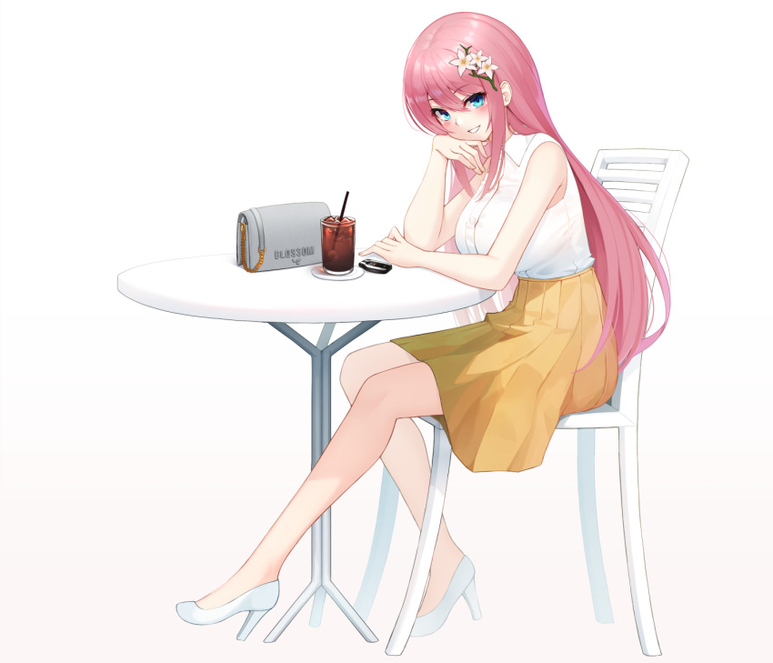1girl :d bag bare_legs blue_eyes blush breasts chair collared_shirt commentary_request cup drinking_glass dungeon_and_fighter flower hair_flower hair_ornament hand_on_own_cheek handbag high_heels highres ice ice_cube iced_tea korean_commentary large_breasts long_hair looking_at_viewer maemi_(maemi12) medium_skirt on_chair open_mouth pink_hair shirt sidelocks simple_background sitting skirt sleeveless sleeveless_shirt smile solo straight_hair very_long_hair white_background white_flower white_footwear white_shirt yellow_skirt