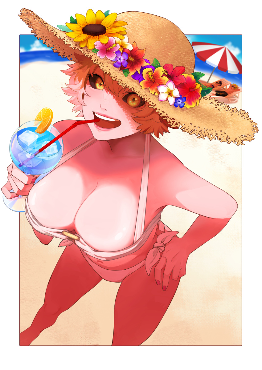 1girl alternate_costume ashido_mina bangs bare_shoulders beach bikini black_sclera blonde_hair boku_no_hero_academia border breasts cleavage collarbone commentary_request drinking_straw feet_out_of_frame flower hand_on_hip hat hat_flower highres horns kaminari_denki large_breasts leaning_forward looking_at_viewer mineta_minoru nail_polish navel ocean open_mouth outdoors outside_border pink_hair pink_nails pink_skin short_hair smile solo_focus souka0428 stomach straw_hat sun_hat sunflower swimsuit tropical_drink umbrella upper_teeth white_border yellow_eyes