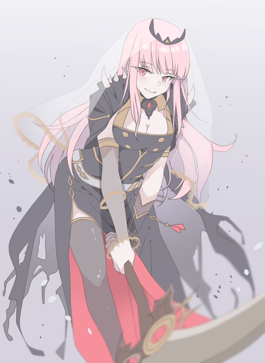 1girl black_dress breasts capelet cleavage cloak death_(entity) dress grim_reaper highres hololive hololive_english large_breasts long_hair looking_at_viewer mori_calliope pink_hair scythe smile spikes tiara virtual_youtuber