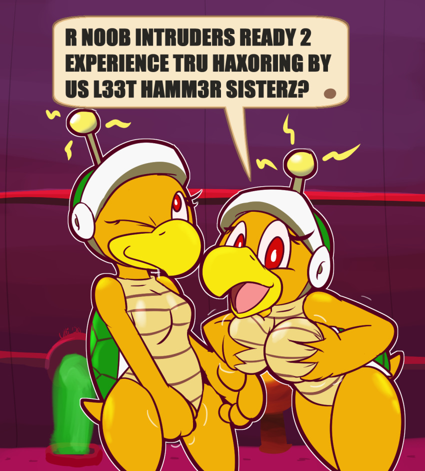 2020 4_fingers antenna_wire anthro beak big_breasts breast_grab breasts duo english_text featureless_breasts female fingering fingers green_body green_scales green_shell hammer_brothers hand_on_breast hi_res l33t_hamm3r_broz. looking_at_viewer looking_up mario_bros masturbation motion_lines nintendo one_eye_closed open_mouth orange_body orange_scales presenting presenting_breasts red_eyes scales scalie seductive shell sibling sister sisters spread_legs spreading tan_body tan_scales text thick_thighs ultilix vaginal vaginal_fingering vaginal_masturbation video_games yellow_beak