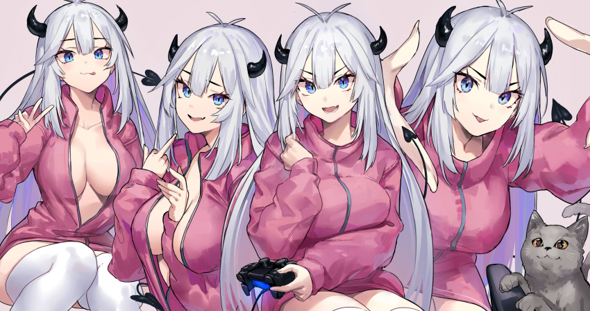 4girls :3 absurdres blue_eyes breasts cat cleavage controller demon_girl demon_horns demon_tail dualshock fang game_controller gamepad highres horns jacket large_breasts long_hair looking_at_viewer multiple_girls neonbeat original pink_jacket playstation_controller round_teeth silver_hair skin_fang slit_pupils tail teeth thighhighs tongue tongue_out white_legwear