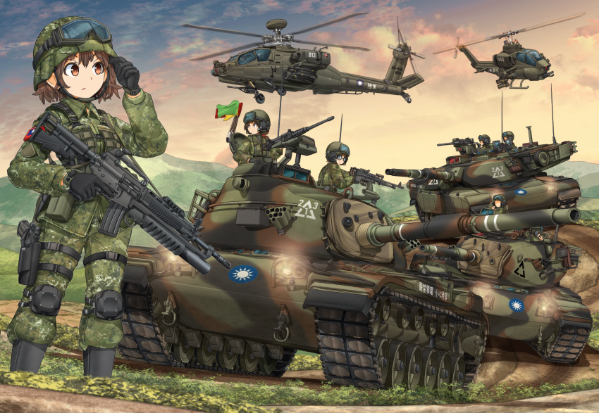 3girls 6+others adjusting_clothes adjusting_headwear ah-64_apache aircraft assault_rifle bangs black_footwear black_gloves blue_sky body_armor boots brown_eyes brown_hair browning_m2 camouflage camouflage_headwear camouflage_jacket camouflage_pants closed_mouth cloud cloudy_sky cm-11_brave_tiger combat_boots commentary_request dusk english_commentary eyebrows_visible_through_hair flag glasses gloves goggles goggles_on_headwear gradient_sky green_headwear green_jacket green_pants ground_vehicle gun handgun headphones headset helicopter helmet highres holding holding_weapon holster jacket knee_pads long_sleeves looking_back looking_to_the_side m1_abrams m240 machine_gun magazine_(weapon) mikeran_(mikelan) military military_uniform military_vehicle motion_blur motor_vehicle multiple_girls multiple_others orange_sky original outdoors pants republic_of_china_army republic_of_china_flag rifle roundel short_hair sky standing t91_assault_rifle tank thigh_holster trigger_discipline uniform weapon