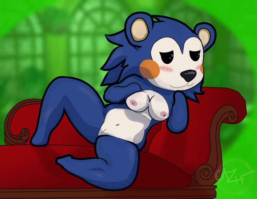 absurd_res animal_crossing anthro blue_body blue_fur cazinkwolf eulipotyphlan female fur furniture genitals green_background hedgehog hi_res looking_pleasured mabel_able mammal nintendo nipples nude pink_nipples simple_background sofa solo video_games