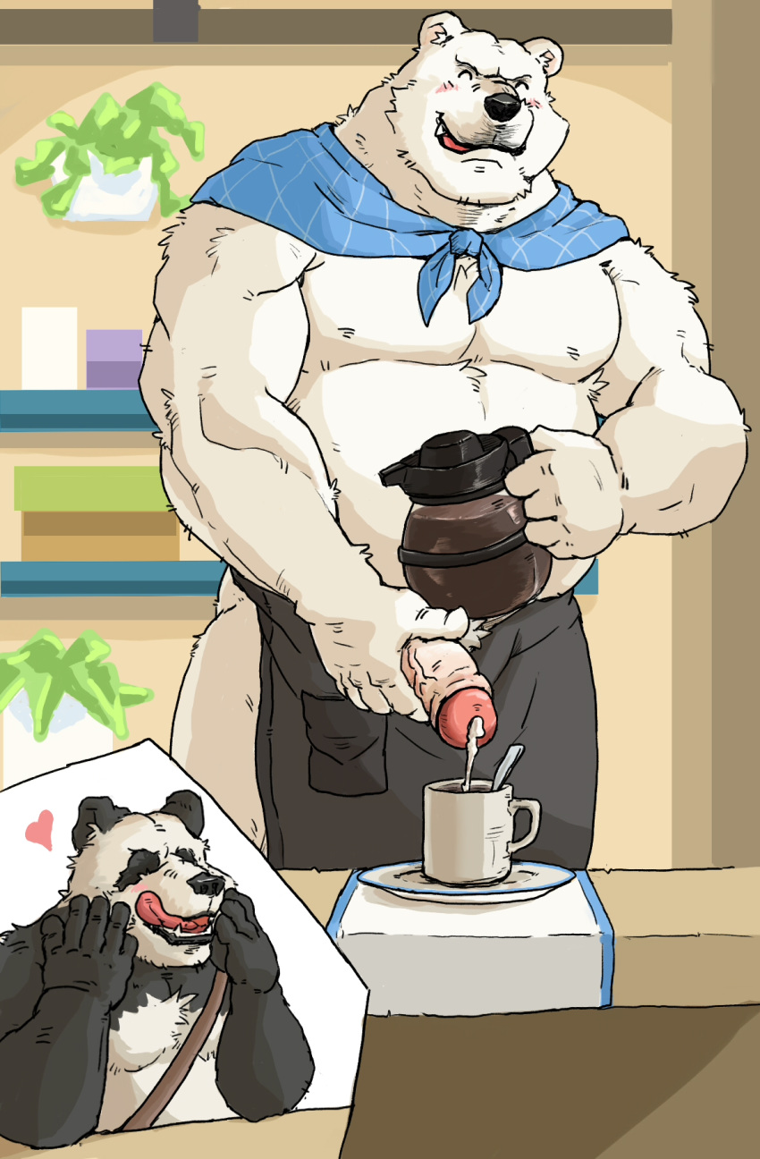 2020 anthro apron belly beverage black_body black_fur blush bodily_fluids clothing coffee cum duo eyes_closed fur genital_fluids genitals giant_panda hi_res humanoid_genitalia humanoid_hands humanoid_penis kemono male male/male mammal musclegut overweight overweight_male panda-kun penis polar_bear shirokuma shirokuma_cafe tongue tongue_out ursid ursine white_body white_fur 馬賽克