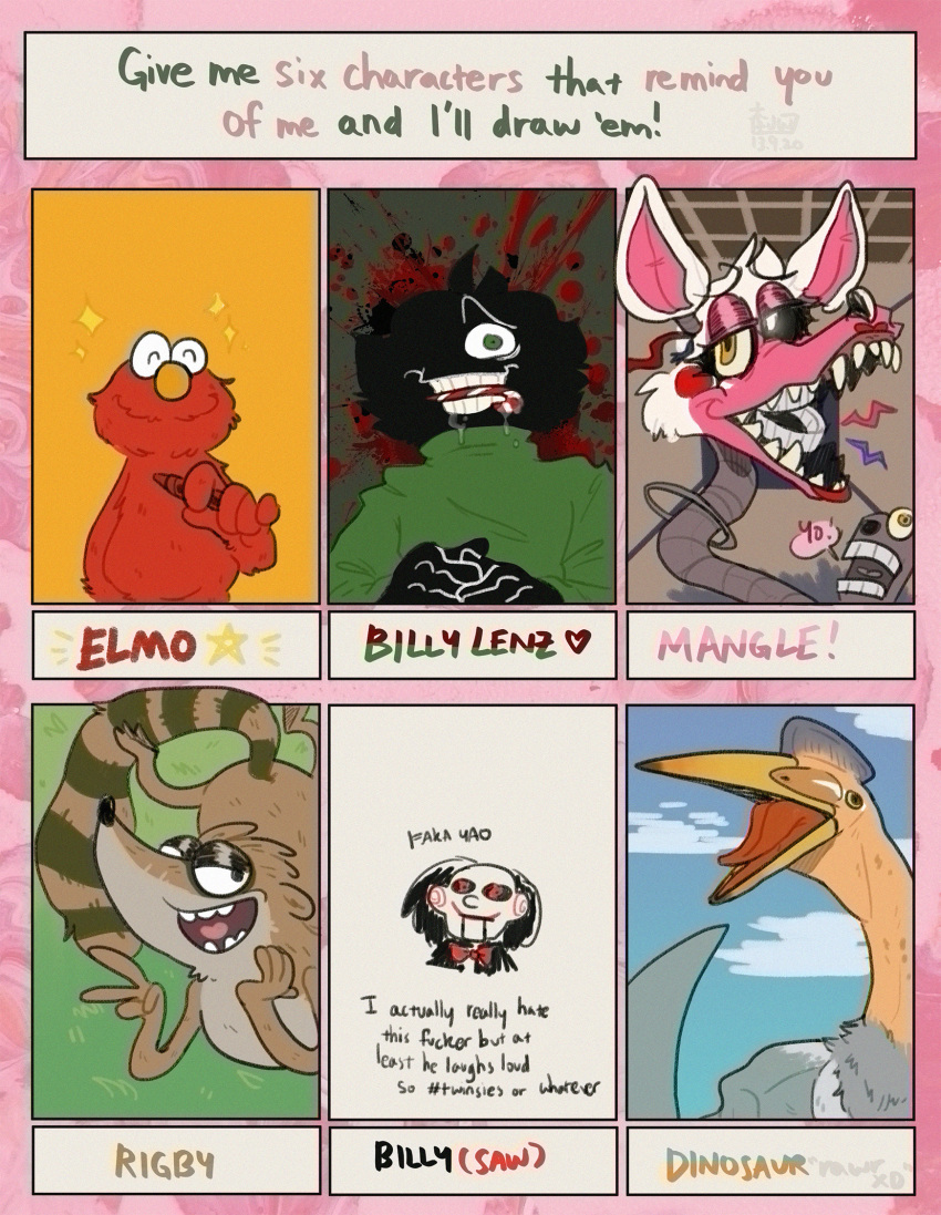 2020 ambiguous_gender animatronic anthro avian beak billy_lenz billy_the_puppet black_body black_christmas brown_body brown_fur canid canine cartoon_network crayon crayons dinosaur elmo english_text feathered_dinosaur feathers feral feralatticbastard fingers five_nights_at_freddy's five_nights_at_freddy's_2 fox fur gesture green_eyes hair half-closed_eyes head_tuft hi_res holding_object humanoid lips machine makeup male mammal mangle_(fnaf) meme narrowed_eyes orange_nose procyonid profanity puppet raccoon red_body red_cheeks red_fur regular_show reptile rigby_(regular_show) ringtail robot scalie sesame_street sharp_teeth six_fanarts_challenge smile teeth text tongue tuft v_sign video_games yellow_eyes young