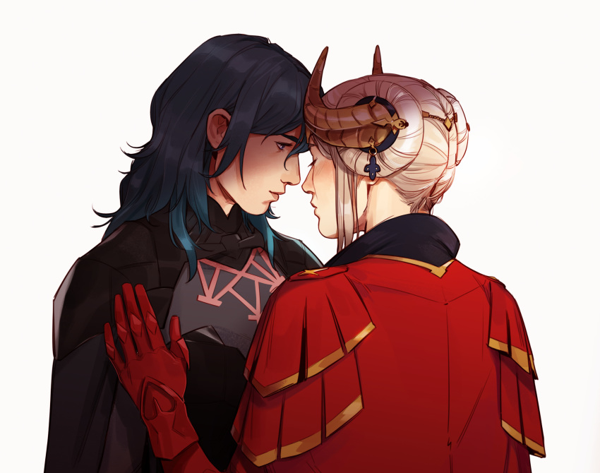 2girls absurdres blue_hair byleth_(fire_emblem) byleth_(fire_emblem)_(female) cape double_bun edelgard_von_hresvelg fire_emblem fire_emblem:_three_houses hand_on_another's_chest highres horned_headwear lesly_oh looking_at_another multiple_girls silver_hair simple_background tiara upper_body white_background yuri