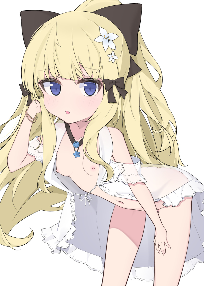 1girl adult_baby bangs black_bow blonde_hair blue_eyes blush bow breasts cp2980606 elf eyebrows_visible_through_hair flower hair_bow hair_flower hair_ornament highres large_breasts long_hair looking_at_viewer navel open_mouth pointy_ears ponytail princess_connect! princess_connect!_re:dive saren_(princess_connect!) solo younger