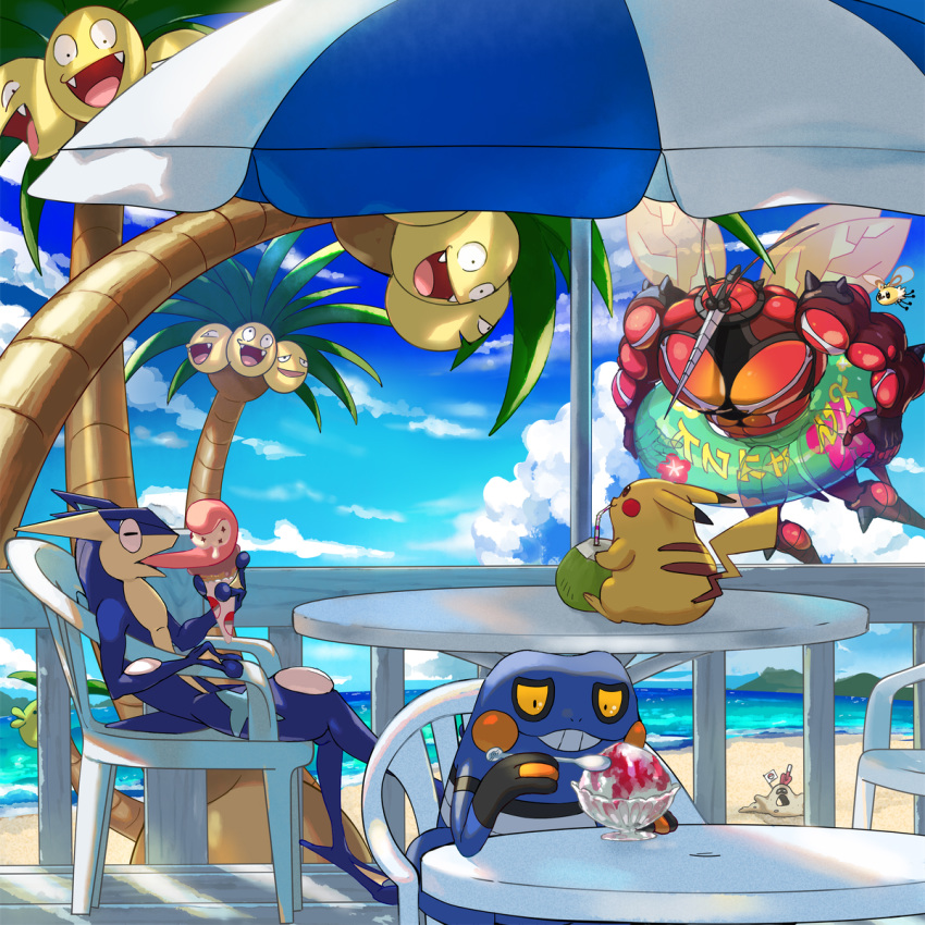 alolan_exeggutor alolan_form beach buzzwole coconut croagunk cutiefly drinking_straw exeggutor fangs food gen_1_pokemon gen_4_pokemon gen_6_pokemon gen_7_pokemon greninja highres ice_cream ice_cream_cone innertube long_tongue mikami no_humans ocean open_mouth pikachu pokemon pokemon_(creature) sand sandygast shade shaved_ice sitting table tongue ultra_beast water