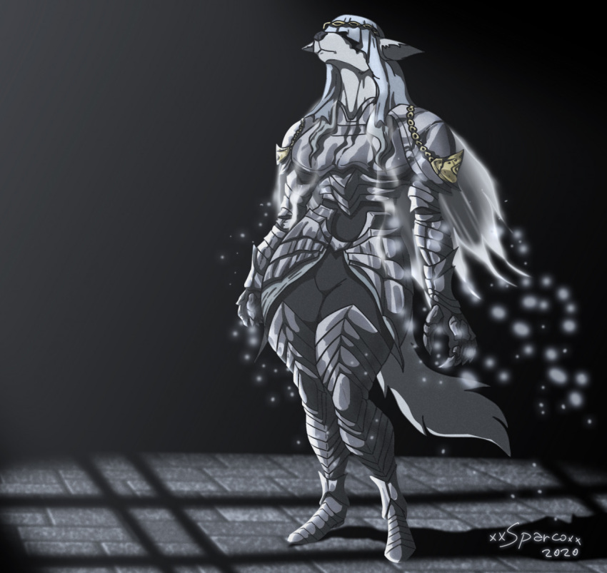 2020 anthro armor canid canine clothed clothing dancer_of_the_boreal_valley dark_souls digital_media_(artwork) eyes_covered female fromsoftware fur grey_body grey_fur hair hi_res long_hair mammal solo video_games xxsparcoxx