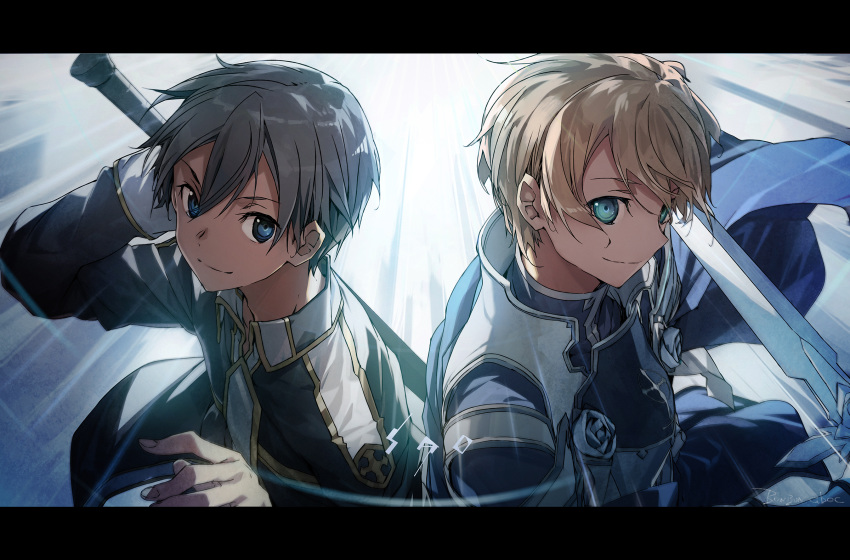 2boys backlighting bangs black_jacket blonde_hair blue_eyes bunbun closed_mouth collared_jacket commentary_request eugeo green_eyes grey_hair hair_between_eyes hands_up highres holding holding_sword holding_weapon jacket kirito letterboxed long_sleeves looking_at_viewer male_focus multiple_boys short_hair smile sword sword_art_online upper_body weapon weapon_on_back