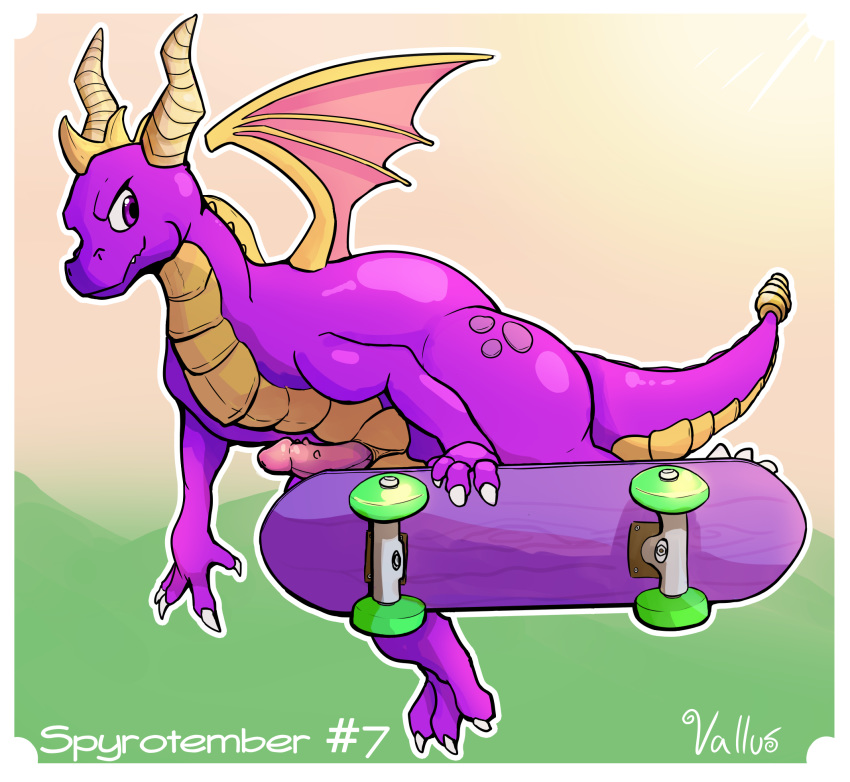 activision claws dragon erection feral genitals hi_res horn male membrane_(anatomy) membranous_wings nude penis purple_body purple_eyes scales scalie simple_background skateboard skateboarding smile solo spyro spyro_reignited_trilogy spyro_the_dragon vallus video_games western_dragon wings