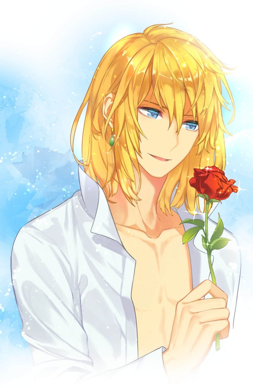 1boy blonde_hair blue_eyes collarbone earrings flower hair_between_eyes highres holding holding_flower howl_(howl_no_ugoku_shiro) howl_no_ugoku_shiro jewelry kimdosalove long_hair long_sleeves male_focus open_clothes open_shirt rose shirt white_shirt