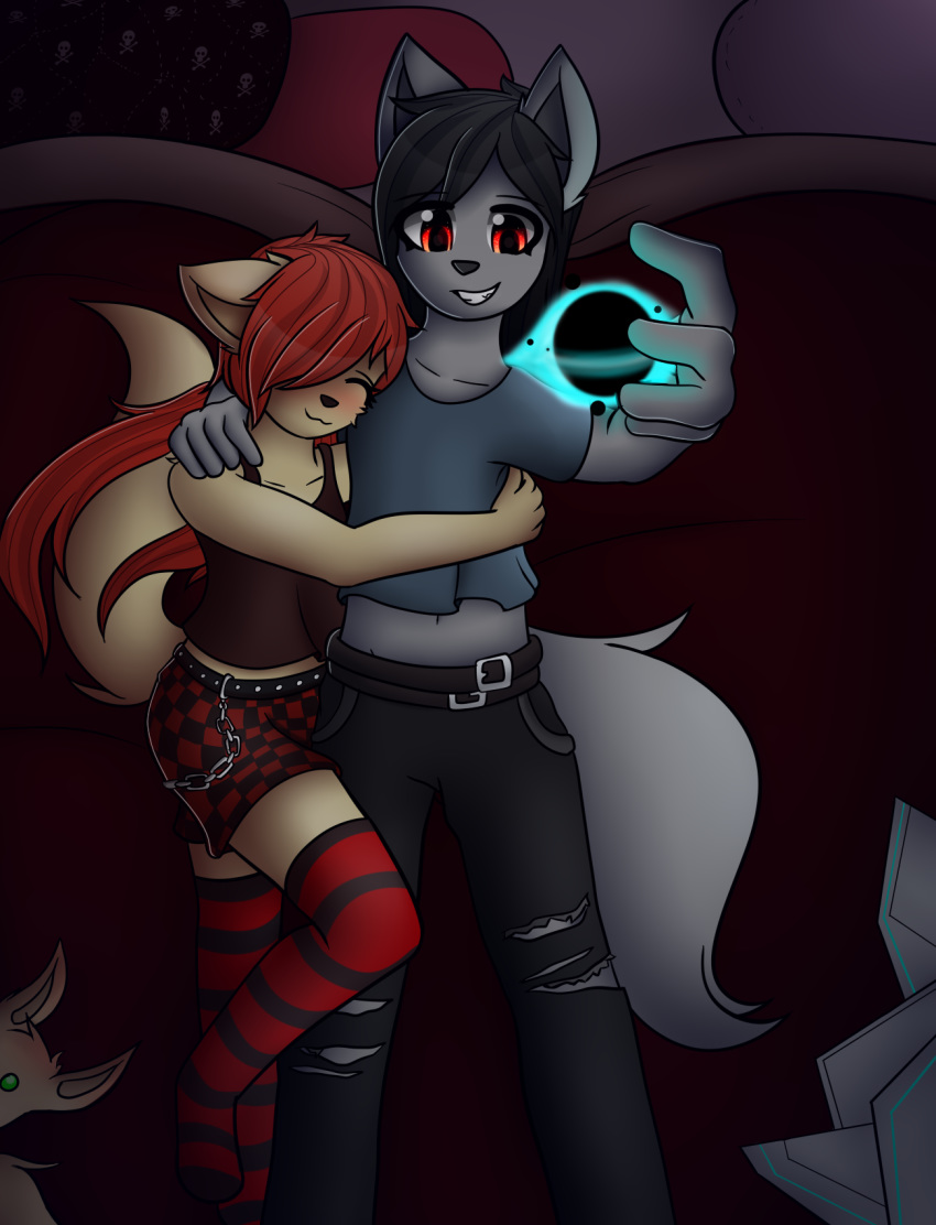 anthro bed canid canine canis clothing cuddling dream_mirage dream_mirage_(hyperion) duo emo female footwear fox furniture goth happy hi_res male mammal romantic_couple socks teenager wolf young