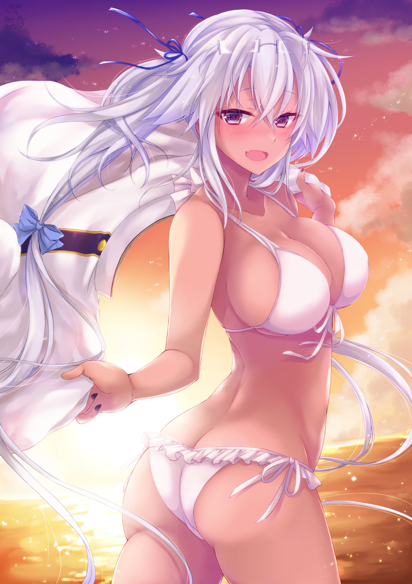 0yukiya0 1girl absurdres ass beach bikini black_nails blush breasts cleavage collarbone commentary_request dark_skin eyewear_on_head fang frilled_bikini frills from_side glasses highres kantai_collection large_breasts long_hair looking_at_viewer musashi_(kantai_collection) open_mouth outdoors side-tie_bikini sidelocks solo sunset swimsuit twintails twisted_torso white_bikini