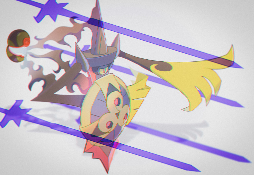 aegislash alternate_color blurry dusk_ball energy gen_6_pokemon highres no_humans pointing poke_ball pokemon pokemon_(creature) saiku_(zvlku) shield shiny_pokemon single_eye sword weapon