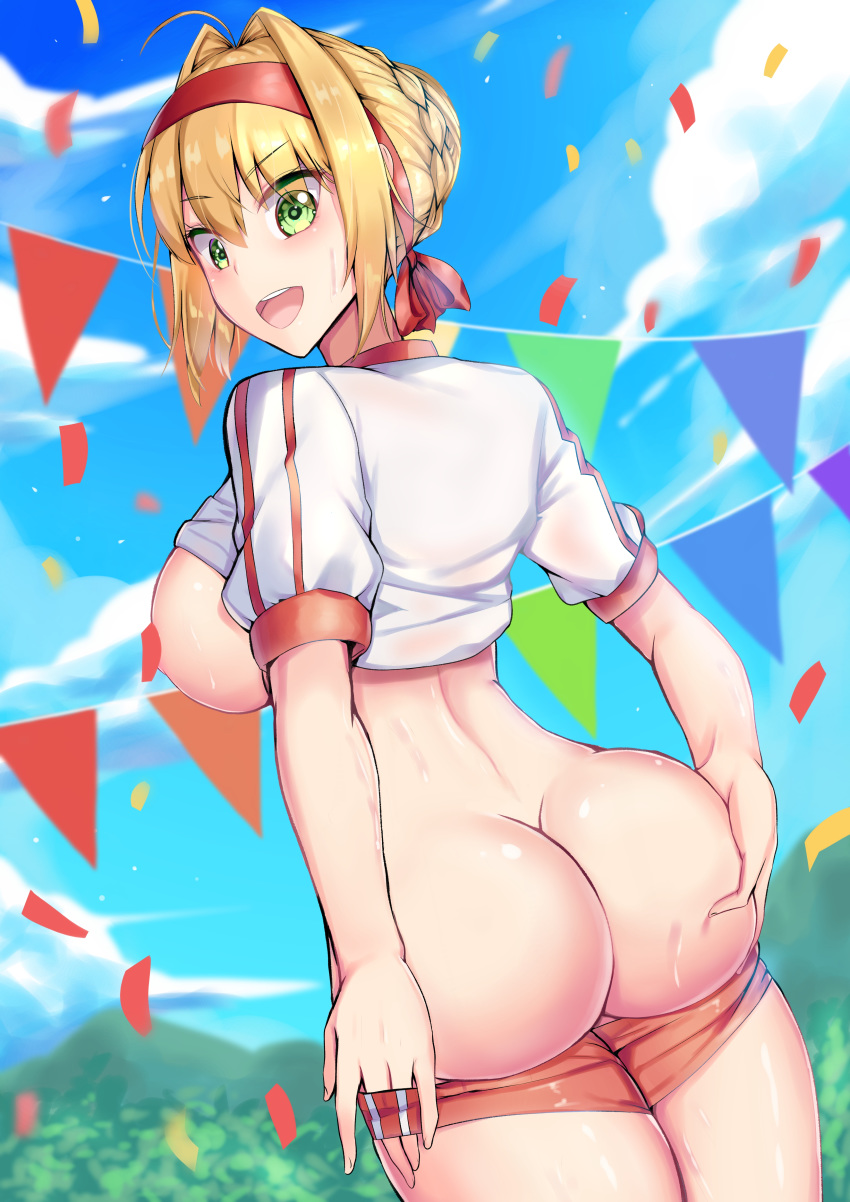 1girl absurdres ahoge ass ass_grab blonde_hair braid breasts buruma buruma_pull convenient_censoring day deep_skin fate/extra fate/grand_order fate_(series) from_behind grabbing_own_ass green_eyes gym_shirt gym_uniform hair_intakes hands_on_ass headband highres jo_(pixiv29989419) large_breasts looking_at_viewer looking_back nero_claudius_(fate) nero_claudius_(fate)_(all) olympian_bloomers open_mouth outdoors red_buruma red_headband shiny shiny_hair shiny_skin shirt shirt_lift short_hair solo standing sweat