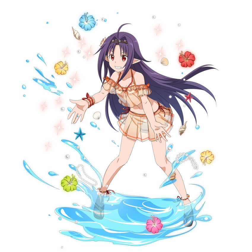 1girl ahoge bangs bikini blue_flower breasts cleavage collarbone floating_hair flower full_body grin hair_flower hair_intakes hair_ornament hairband hibiscus highres leaning_forward long_hair miniskirt navel off-shoulder_shirt off_shoulder official_art orange_bikini pink_flower plaid plaid_bikini pleated_skirt pointy_ears purple_hair red_eyes red_flower shiny shiny_hair shirt short_sleeves skirt small_breasts smile solo standing swimsuit sword_art_online sword_art_online:_code_register transparent_background transparent_shirt very_long_hair yellow_flower yuuki_(sao)