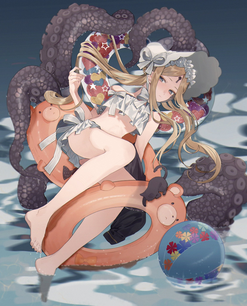 1girl abigail_williams_(fate/grand_order) abigail_williams_(swimsuit_foreigner)_(fate) ball bangs bare_shoulders barefoot beachball bikini black_cat blonde_hair blue_eyes bonnet bow braid breasts cat fate/grand_order fate_(series) forehead hair_bow hair_rings highres innertube keyhole legs long_hair miniskirt navel parted_bangs sidelocks skirt small_breasts swimsuit tentacles twin_braids twintails very_long_hair water white_bikini white_bow white_headwear yurumawari