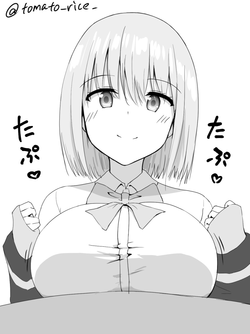 1boy 1girl bangs blush breast_squeeze breasts eyebrows_visible_through_hair greyscale hetero highres implied_paizuri jacket large_breasts looking_at_viewer monochrome paizuri paizuri_under_clothes pov shinjou_akane shirt short_hair simple_background solo solo_focus ssss.gridman tomato_rice twitter_username white_background